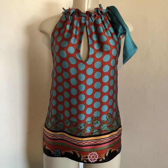Hale Bob Tops - Hale Bob Scarf Top Teal Blue Copper Polka Dot